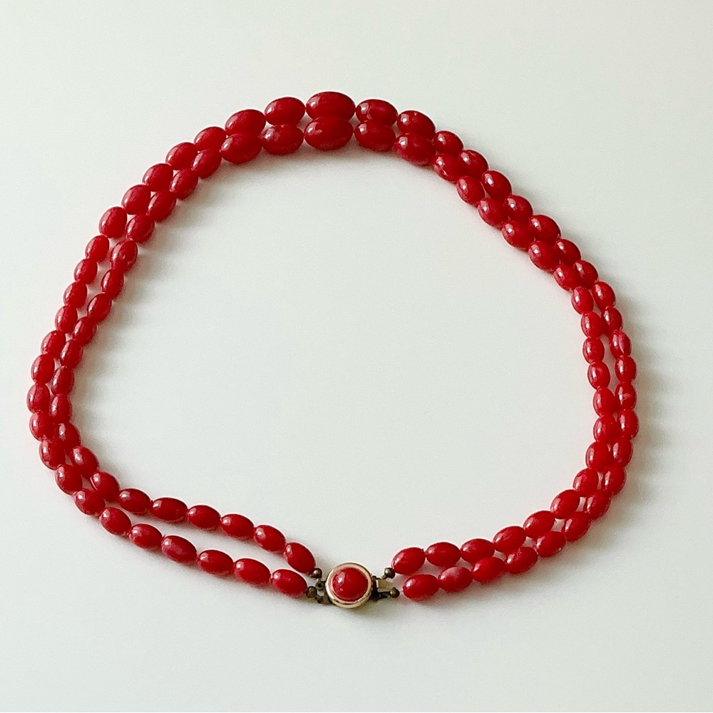 VTG 1970s Faux Coral Lucite Necklace Double Strand Red Bead Costume Jewelry Goth